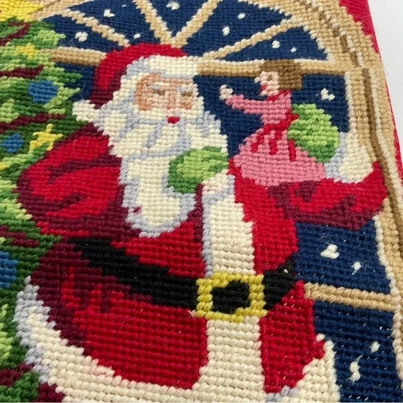 VTG Macy’s Stocking Needlepoint Santa Christmas Red Holiday Velvet Back Tree Dol - Picture 5 of 9